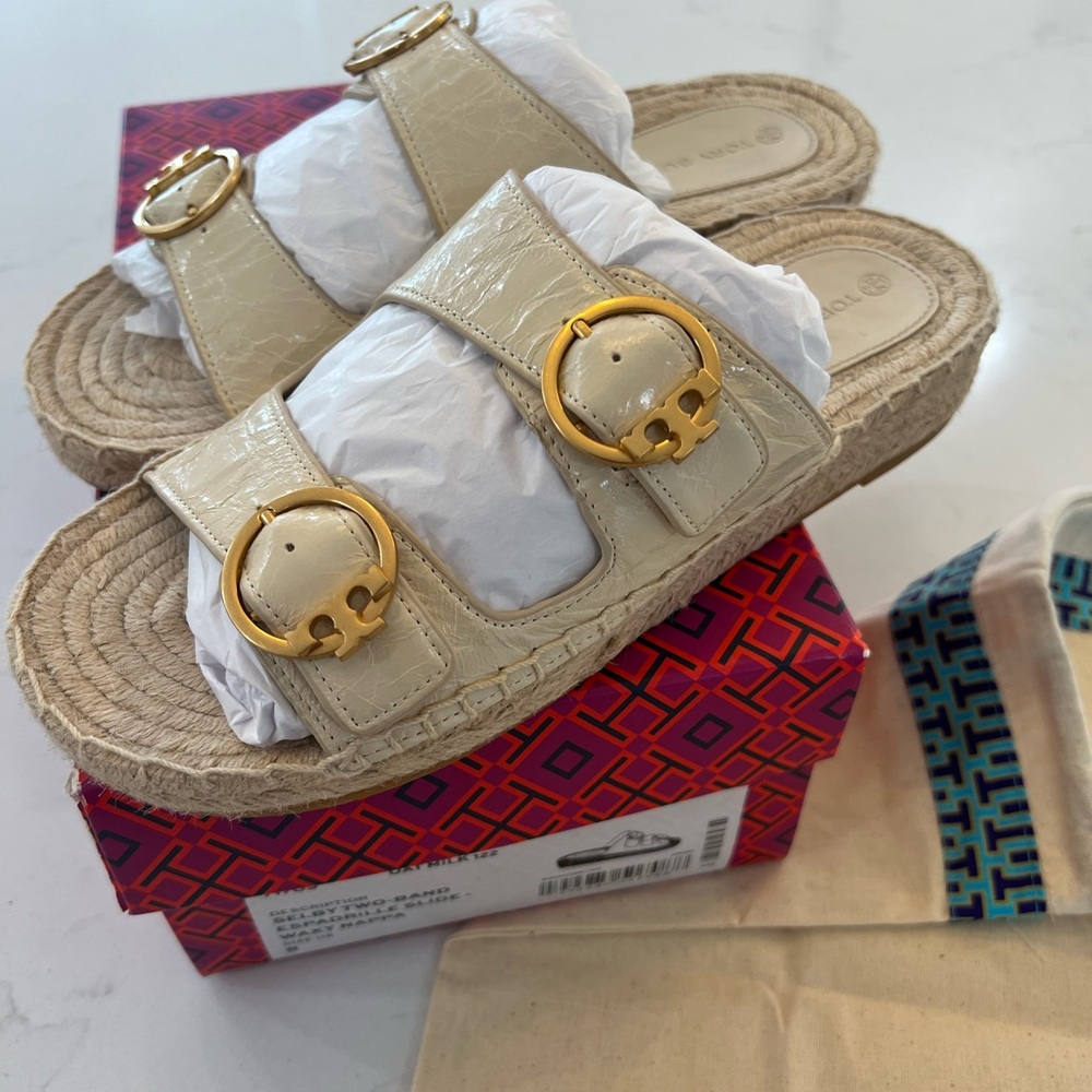 Tory Burch Cream Slides with Gold Accents